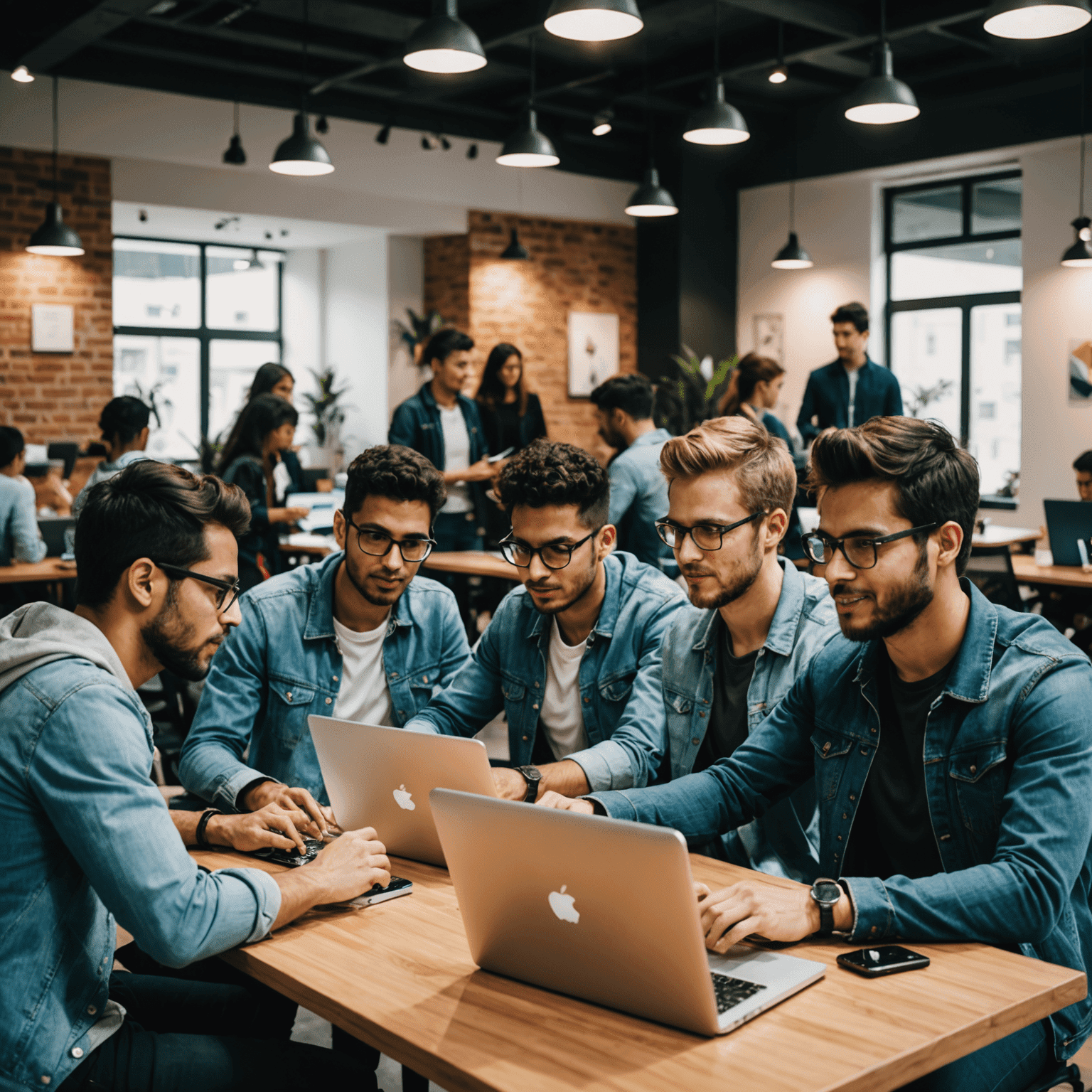 Grupo diverso de estudiantes de programación trabajando juntos en un espacio de coworking moderno en Lima, Perú